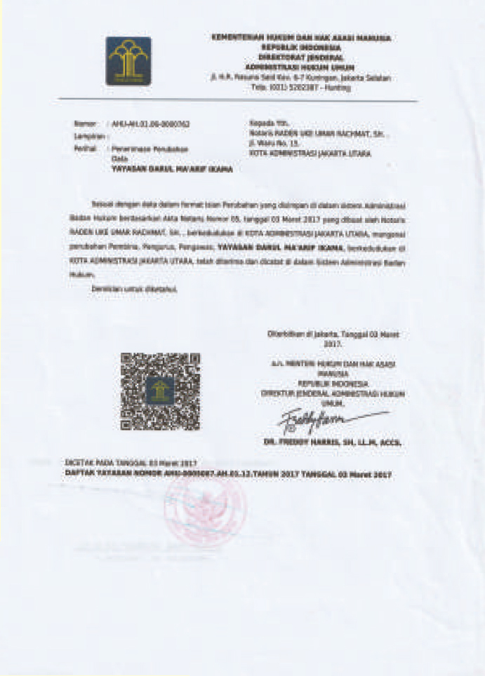 Surat Keputusan Kemenkumham untuk Yayasan Darul Ma'arif IKAMA